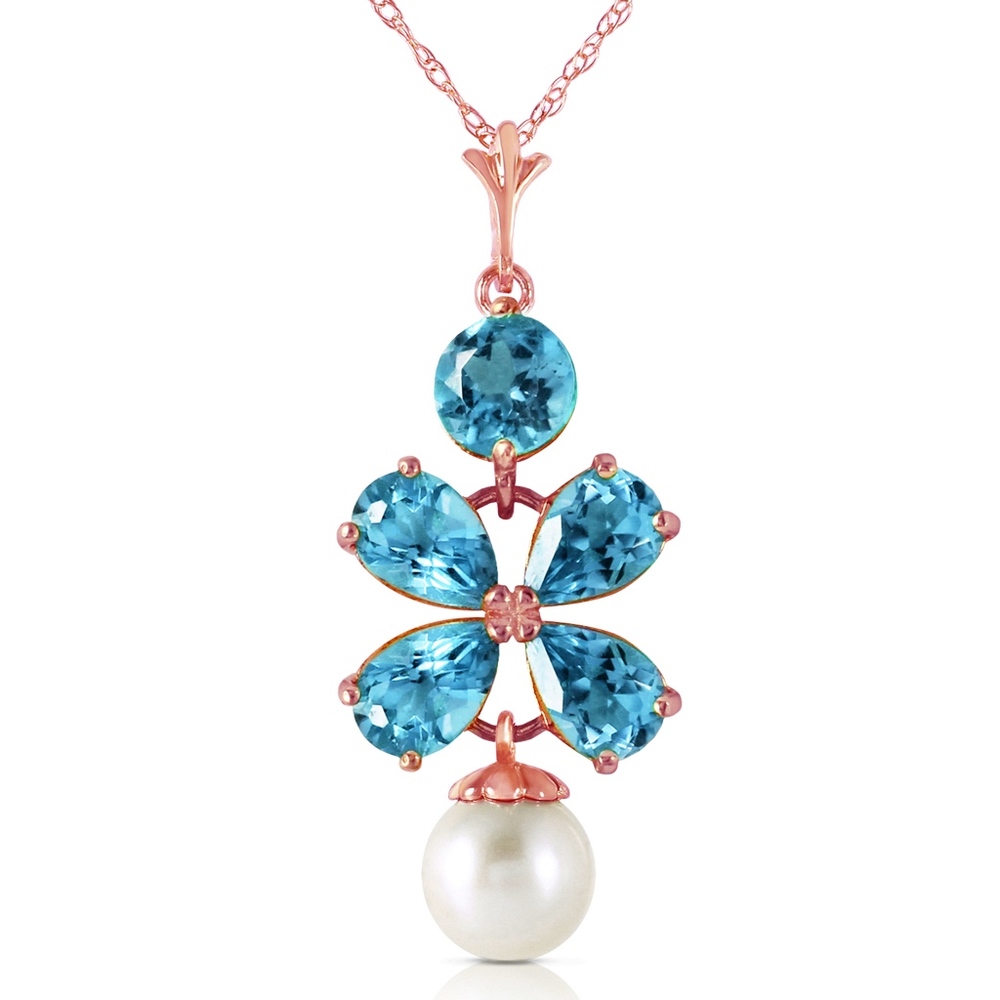 14K. SOLID GOLD NECKLACE WITH BLUE TOPAZ & PEARL - Picture 3 of 6